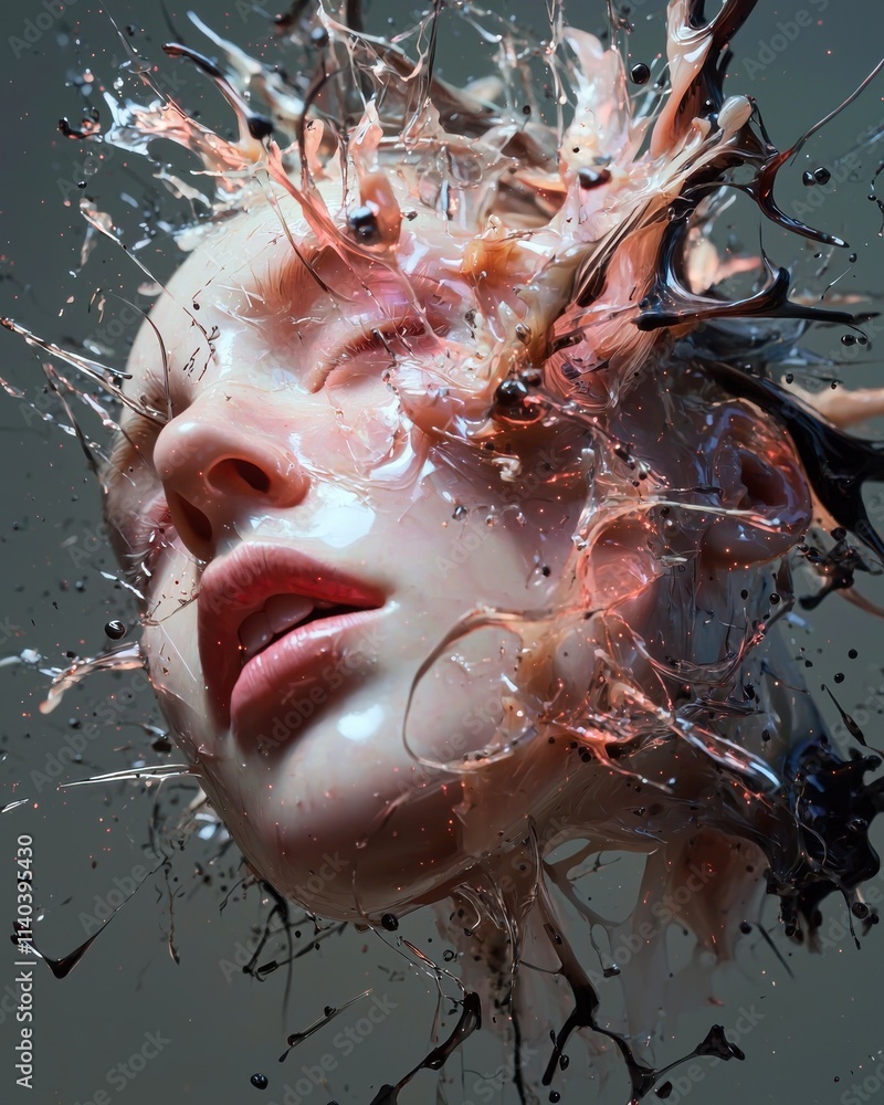 Poster abstract expression of confusion with dissolving face in a modern art installation studio setting di