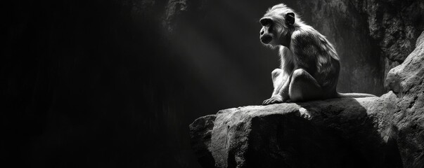 Obraz premium Baboon sitting on a rocky ledge, sharp monochrome tones, expressive face, fur details, dramatic lighting,