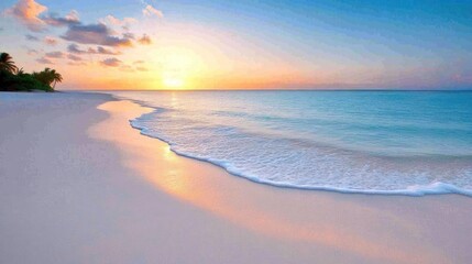 Fototapeta premium Serene beach at sunset with gentle waves and soft sand.