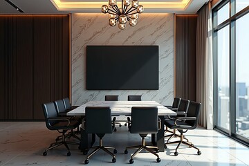 Elegant luxury meeting room with a marble conference table, black leather chairs, blank LED screen on a textured stone wall, and soft light from designer chandeliers reflecting on a polished floor