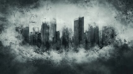 Urban skyline shrouded in mist and fog, creating a mysterious and atmospheric landscape with a blend of modern architecture and abstract elements.