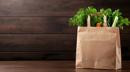 Fresh vegetables in a paper grocery bag on wooden table