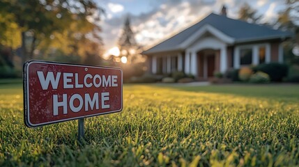A red sign that says "welcome home" is placed in a grassy yard