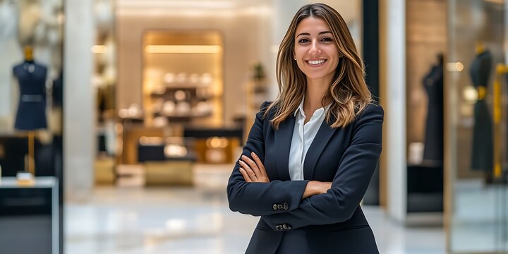 Italian female sales manager confidently posing in front of a luxury retail store