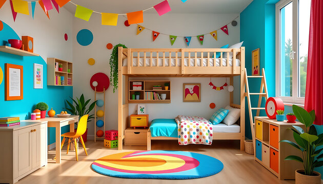 Playful kids&rsquo; room with bright colors a loft bed and playful decor. background copyspace
