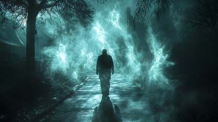 Obraz premium A man walking down a glowing path, the dark shapes of his past trailing behind him