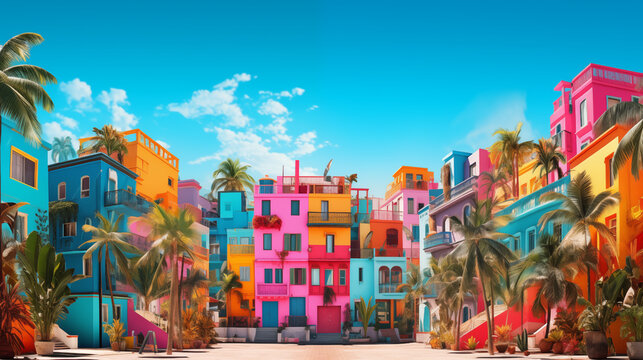 Bright multicolor illustration of houses, street part in Villa Joyosa Spanish, Cuban style
