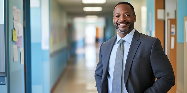 Principal standing proudly in a school hallway, overseeing the educational environment and promoting student success