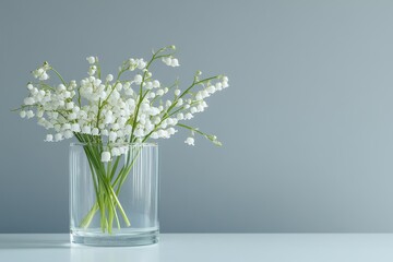 White glass vase with lily of the valley bouquet on a blank table
