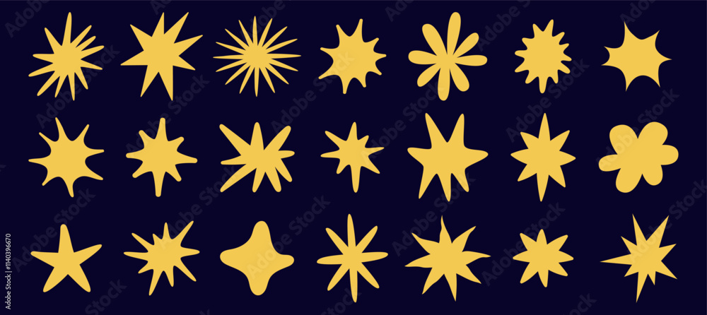Poster Vector set of stickers, scribbles and doodles in simple linear hand drawn style with copy space, stars minimal hand drawn design elements for posters, social media, print, banners