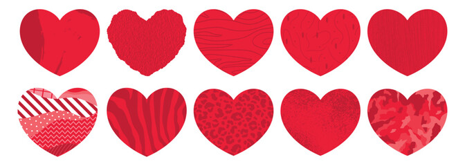 Fototapeta premium Set of red hearts icons with various texture. Textile, grunge heart icons, heart with animal print and abstract pattern. Vector illustration