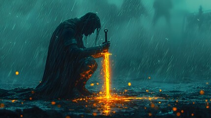 A figure kneeling in the rain, holding a glowing sword with cracks symbolizing their struggles