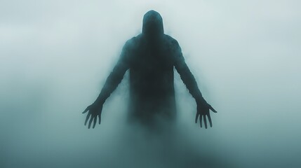 A lone silhouette walking through a dense fog, shadowy hands reaching out toward them