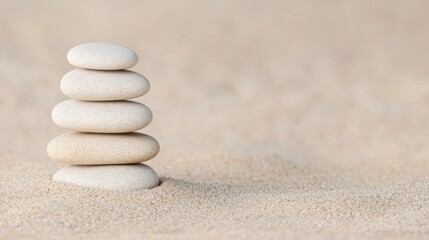 Stack of smooth white balancing stones on sandy beach at sunrise