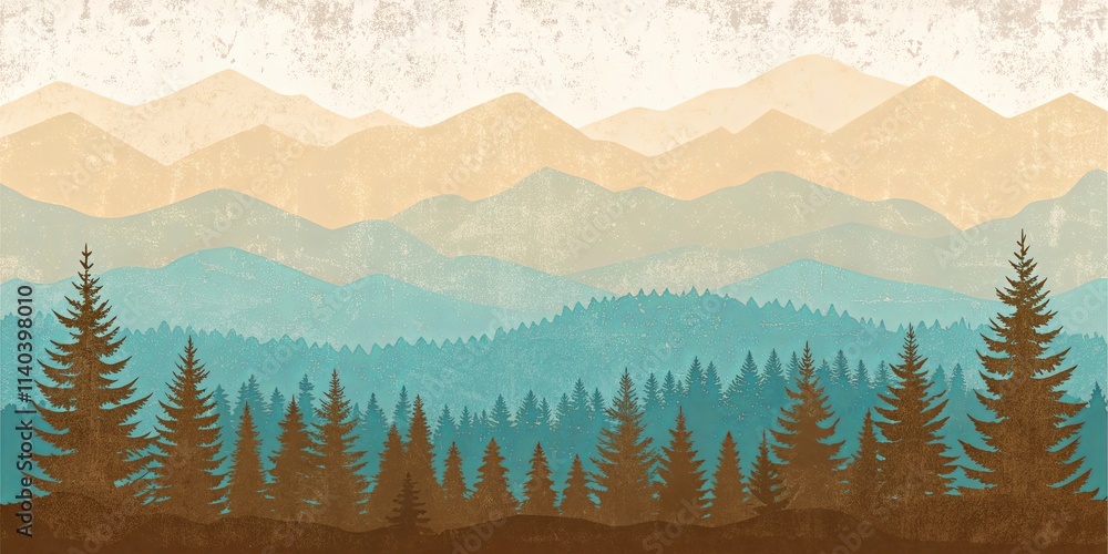 Poster a mountain range with a forest of pine trees