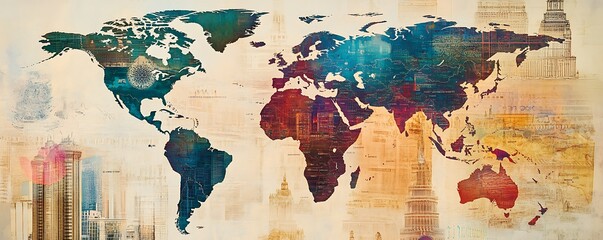 Fototapeta premium Stock market trends and global investment icons overlaid on a world map 