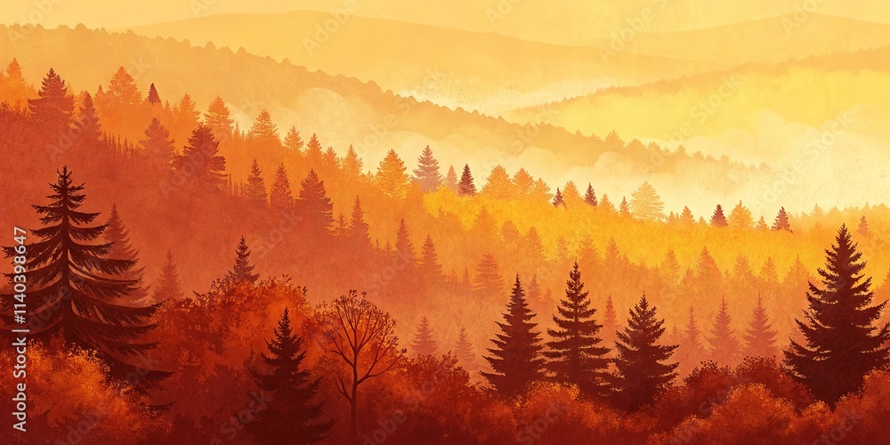 Poster A painting of a forest with trees in the foreground and background