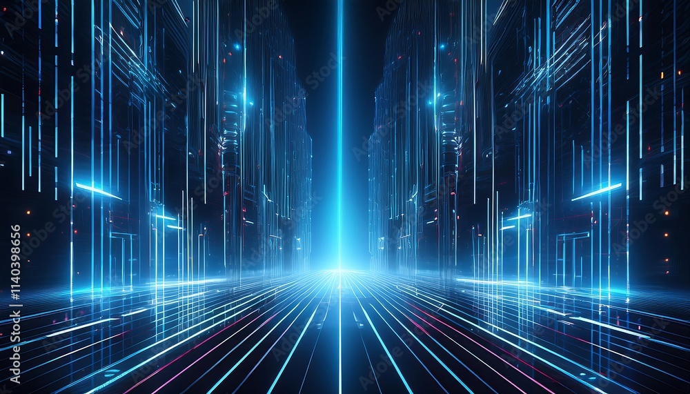 Poster futuristic digital corridor with glowing lines.