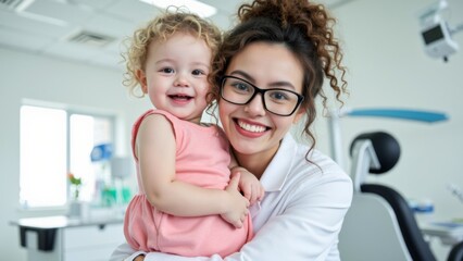 Fototapeta premium Warm and cheerful young female pediatrician with curly brown hair in a bun, wearing glasses and a white lab coat, holding a happy toddler in a pink outfit, set in a bright, modern pediatric clinic
