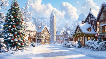 Fototapeta premium Snow-covered village with a decorated tree in the town square 