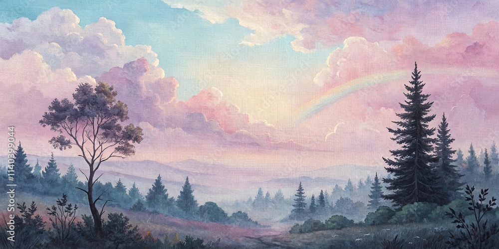 Poster a painting of a forest with a rainbow in the sky