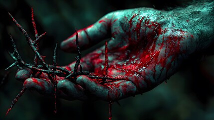 A hand holding a broken crown made of thorns, blood dripping from their glowing fingertips