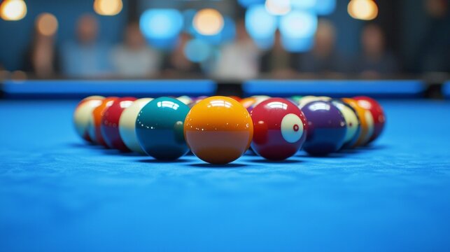 A blue pool table with a group of balls on it
