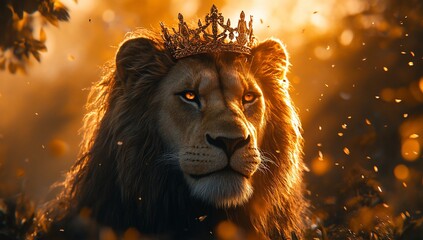 Naklejka premium Majestic lion wearing a golden crown, backlit by warm sunset light.