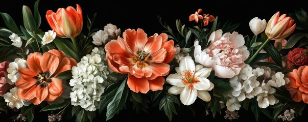 Floral old postcard with flowers. Peonies, tulips, lilies, hydrangeas on a black background. Template for wedding invitation design, holiday greetings, business card, decoration packaging