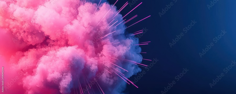 Poster a burst of colorful pink smoke against a deep blue background, creating a visually striking and dyna