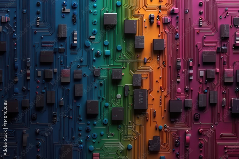 Poster a vibrant circuit board with colorful pathways and various electronic components, showcasing advance