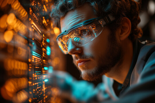 A professional IT technician visualized as a hologram, working on a virtual server.