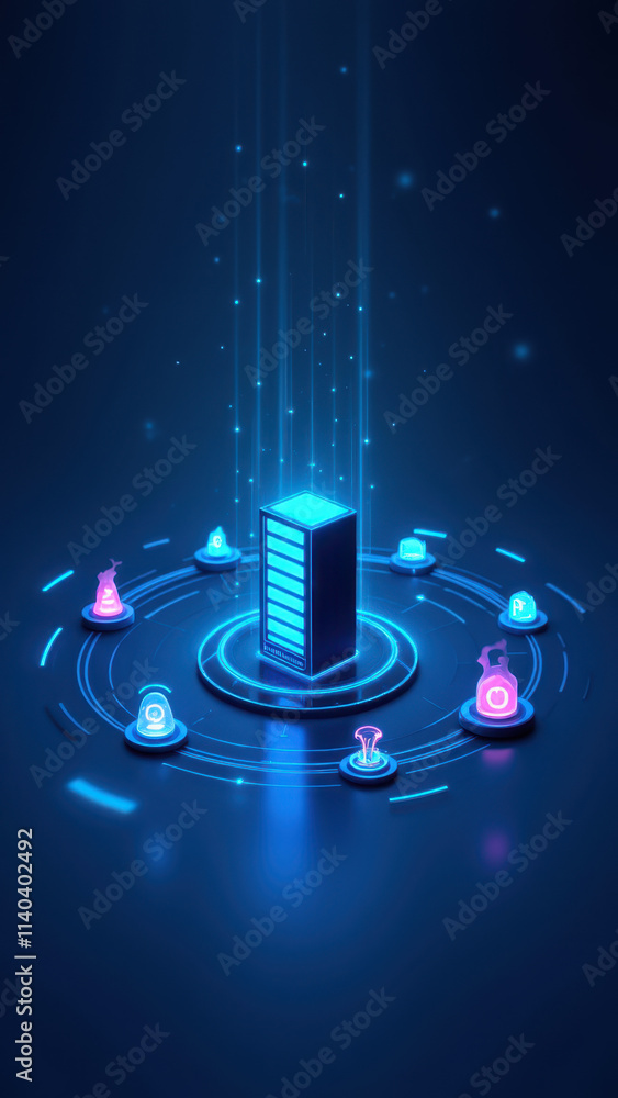 Poster a colorful digital illustration showing a container orchestration system with glowing effects, empha