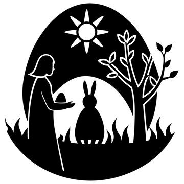 black easter scene with girl, bunny, egg clip art preview