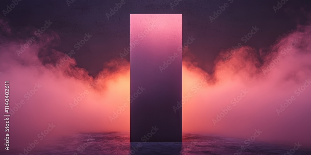 Poster a tall, monolithic structure emerges from colorful mist, creating a surreal, atmospheric scene with 