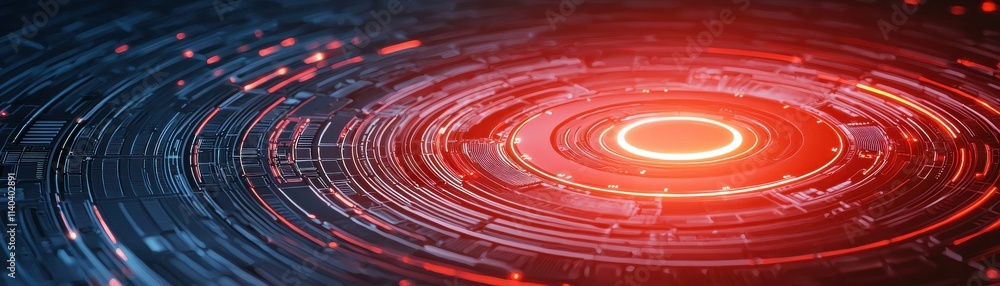 Poster a vibrant digital artwork featuring concentric circles of glowing red and blue, creating a dynamic, 
