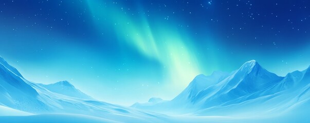 Green Aurora Borealis over Snow covered Mountains. Majestic Northern Lights Banner with copy-space.