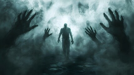 Fototapeta premium A figure walking through a storm of shadowy shapes, their glowing hands pushing back the darkness