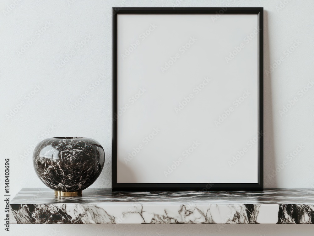 Poster empty frame on marble shelf with dark patterned vase against white wall.