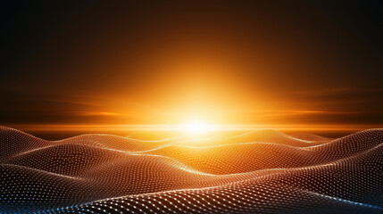 Quantum Computing concept. digital landscape with glowing waves and sunset glow creates serene atmosphere