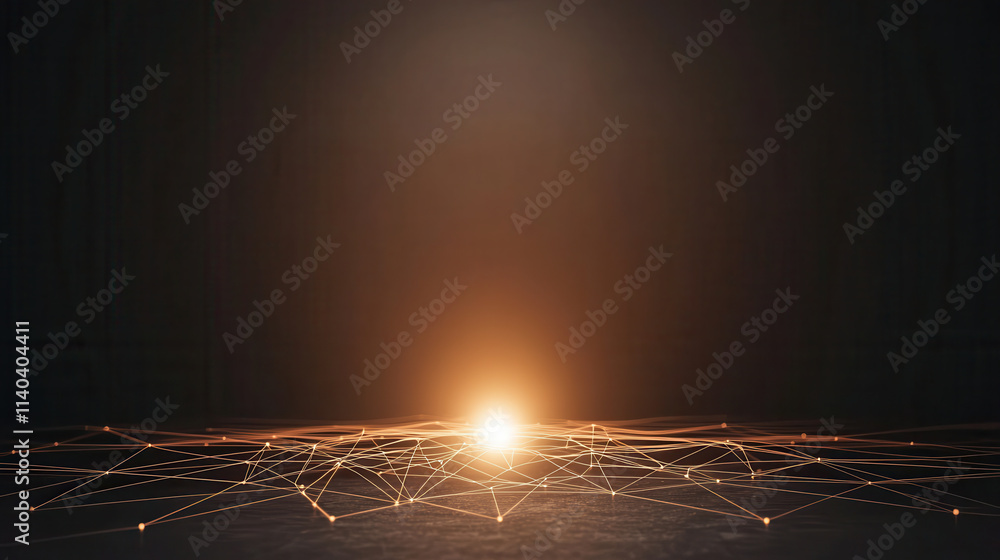 Poster quantum computing concept. glowing network of interconnected nodes radiates light in dark space