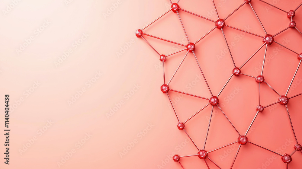 Poster quantum computing concept. network of interconnected nodes with light beams on pink background