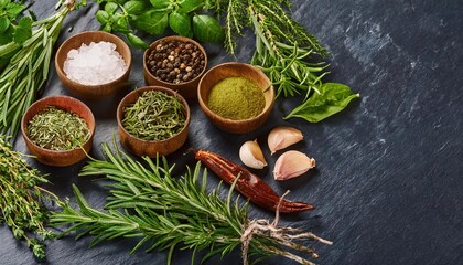 Aromatic Culinary Herbs and Spices Arranged on Dark Surface