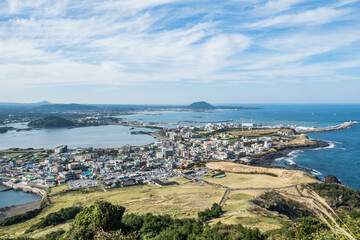 View of Seongsan Ilchulbong from Jimibong Peak, Jongdal, Jeju, South Korea 