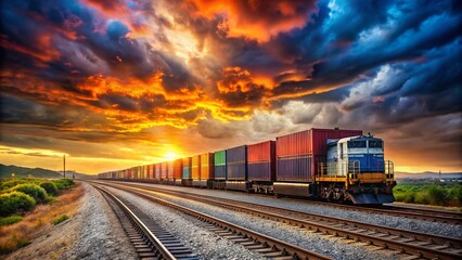 Fototapeta premium Freight Train Cargo Shipping, Railway Transport, Logistics, Rail Freight, Cargo Train Images, Railroad Transportation, Delivery, Shipment, Goods Transport