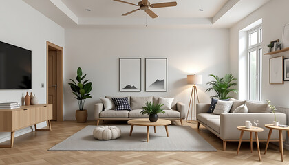 Scandinavian-inspired family room with clean functional design and light wood accents. background copyspace