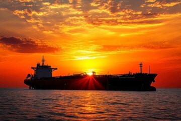 Obraz premium Majestic Dawn Over Tanker Ship Silhouette at Sea, Glowing Golden Sunlight, Dramatic Sky, Horizon Reflection, Tranquil Water Scene, Atmospheric Marine Landscape, Transport Vessel In Motion