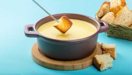 Cheese Fondue with Bread Cubes on Fork blue background