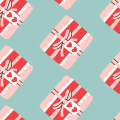 Fototapeta premium Flat-style seamless pattern featuring square gift boxes decorated with red ribbons, bows, and heart tags on a pastel background. Perfect for Valentine's Day wrapping paper, and festive designs.
