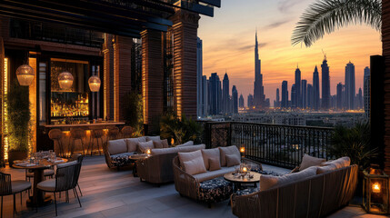 Luxurious outdoor terrace with plush seating and stunning skyline view